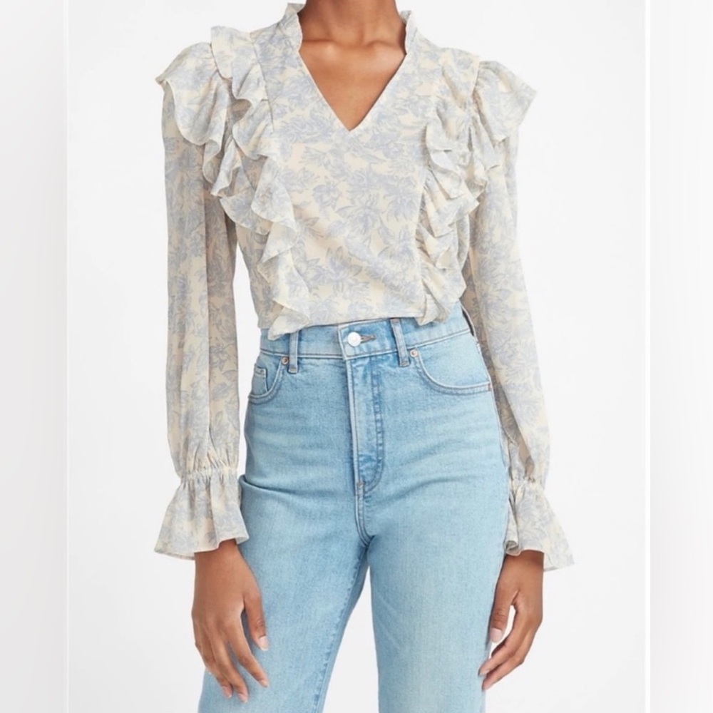 Express Floral Peasant V Neck Ruffle Victorian Blouse Bell Sleeve Size Small